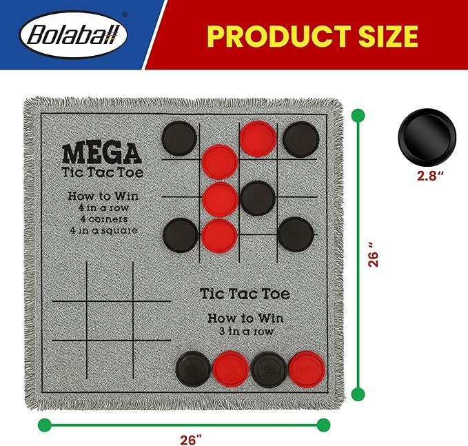 Bolaball 3-in-1 Giant Checkers, Tic Tac Toe Jumbo Game, 26"x26", Reversible Carpet, Indoor Outdoor Yard Board Game for Family and Friends with 24 Chips