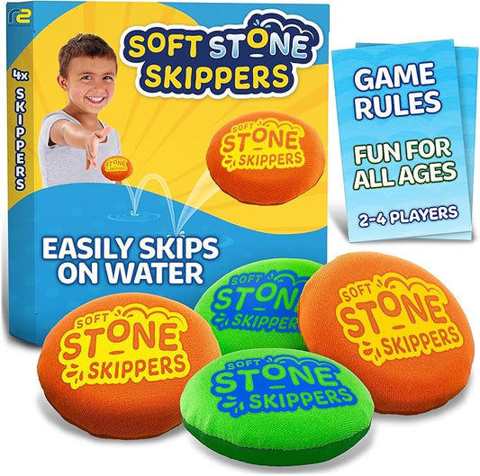 Soft Stone Skippers Game – Fun Pool Toys for Kids All Ages - 4 Pack Water Skipping Discs Set – Best Beach Games Gifts for Boys & Girls Ages 5 6 7 8 9 10 11 Year Old & Up - Water Bouncing Skip Ball Toy