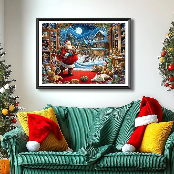 Blueforest Christmas 1000 Piece Jigsaw Puzzle for Adults - 27.5x19.7 Inches Large Holiday Scene with Santa, Toys & Snowy Village, Challenging Art Puzzle Home Decor