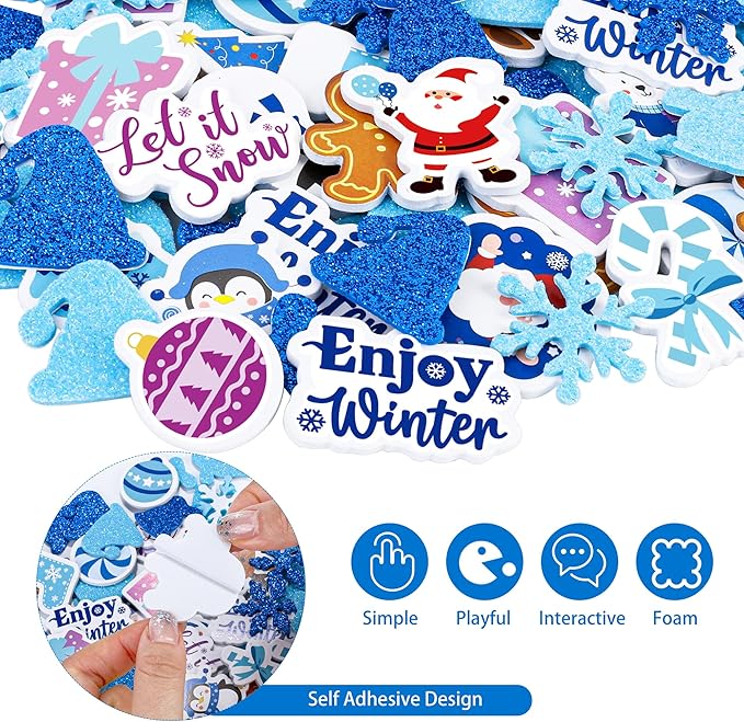 Fovths 24 Packs Winter Foam Picture Frame Kits DIY Winter Snowflake Frame Crafts Picture Craft with 300 Self Adhesive Stickers for Xmas Party Favors Birthday Home Decor