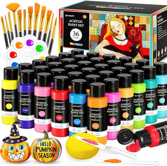 52 PCS Acrylic Paint Set with 12 Brushes, 2 Knives & Palette, 36 Colors (2oz/60ml) Art Craft Paint for Adults Kids Artists Beginners, Halloween Pumpkin Canvas Ceramic Rock Painting Kit