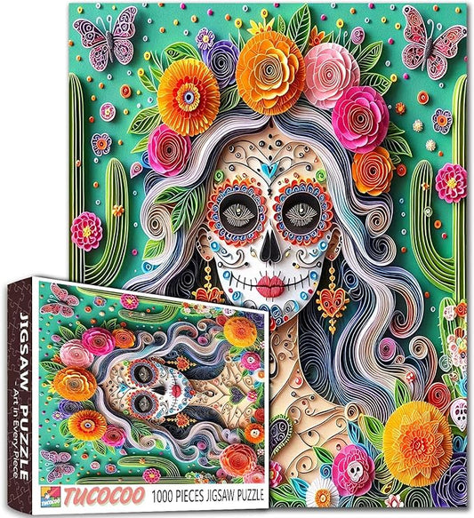 Tucocoo Elegant Floral Woman Puzzle for Adults 1000 Piece, Skull Girl Portrait Paper Art Jigsaw, Impossible Difficult Puzzle Challenging Puzzles for Adults Gift Home Decor Family Game Nights