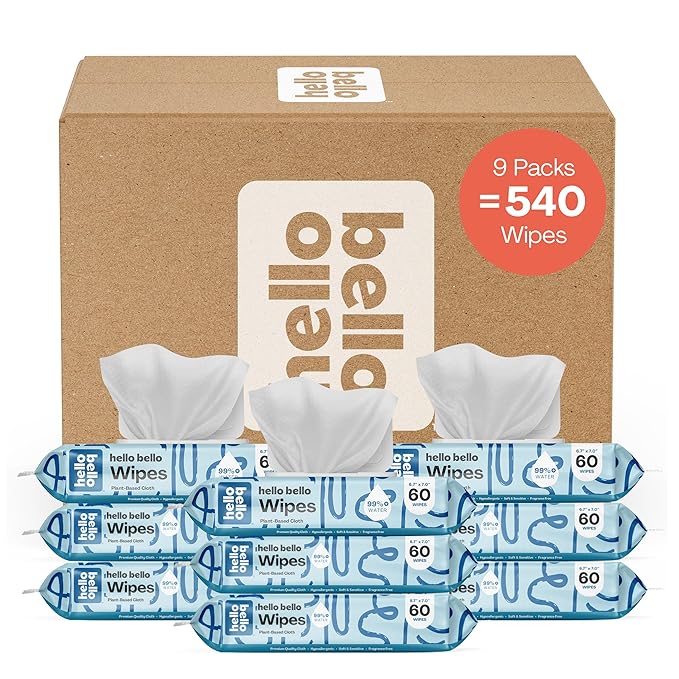 Hello Bello Extra Gentle Unscented Baby Wipes, Plant Based, Made with 99% Water and Aloe for Babies and Kids, 60 Count (Pack of 9) Total 540 Count