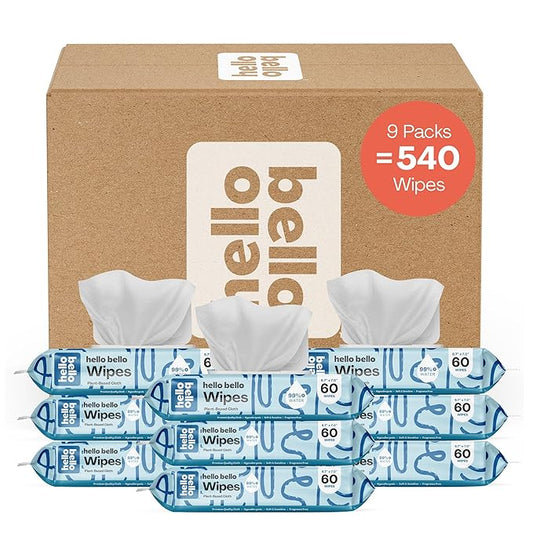 Hello Bello Extra Gentle Unscented Baby Wipes, Plant Based, Made with 99% Water and Aloe for Babies and Kids, 60 Count (Pack of 9) Total 540 Count