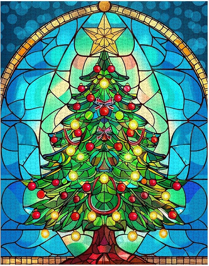Stained Glass Style Xmas Tree Jigsaw Puzzles for Adults 1000 Pieces, Vibrant Christmas Tree Jigsaw Puzzle Art 27 x 20 Inches DIY Puzzles for Home Decoration, Family Puzzle for Game Nights