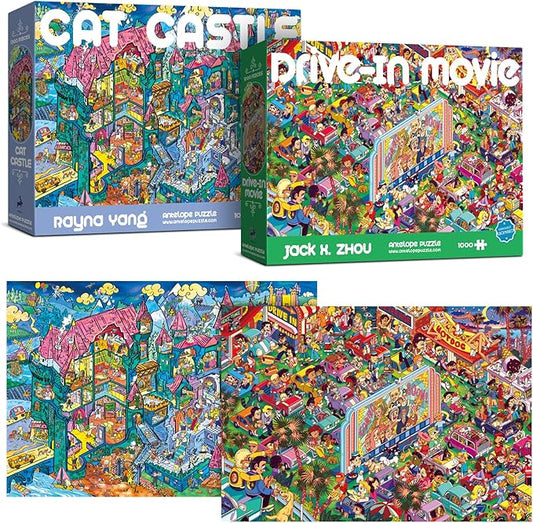 Antelope 2 in 1 1000 Piece Puzzle Bundle - Cat Castle & Drive In Movie