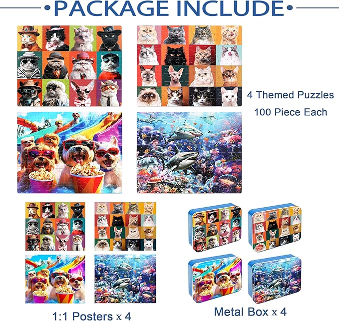 LELEMON 100 Pieces Puzzles for Kids Ages 4-8, 4 Set Kids Puzzle Ages 6-8,Dogs Cats Shark Children Learning Educational Puzzless Toys for Boys and Girls