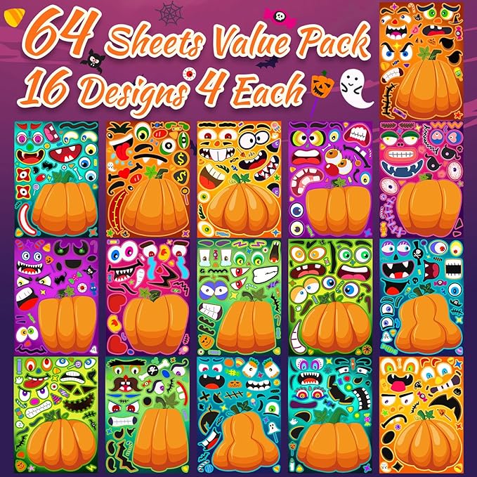 Natonhi 64 Sheets Halloween Crafts Pumpkin Make a Face Stickers for Friend, 16 Designs Halloween Party Favors Pumpkin Face Stickers Fall Games Activities Supplies