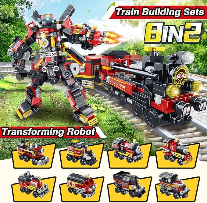 COBFDHA Train Sets Toys for Kids Age 8-12, 8-in-2 Building Blocks Kits for 12-16 Year Old Teen Boys Girls, STEM Engineering Robot Toy, Christmas Birthday Gifts for Kids Ages 6 7 9 10 11 14 (766 Pcs)