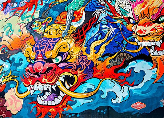 Lucky Puzzles - Kabuki Red Dragon - 1000 Piece Jigsaw Puzzle for Adults | Vibrant Graffiti Art Puzzle | Best New Japanese Dragon Puzzle