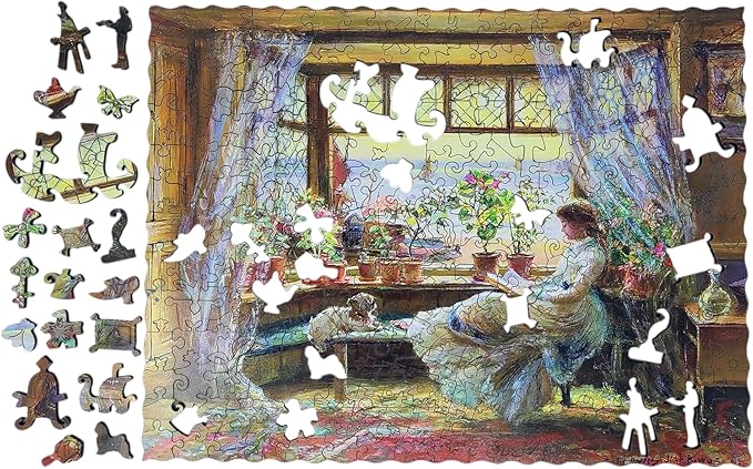 Wooden Puzzle for Adults - Uniquely Shaped Pieces - Made in The USA by FoxSmartBox - 275 Pieces - Reading by The Window