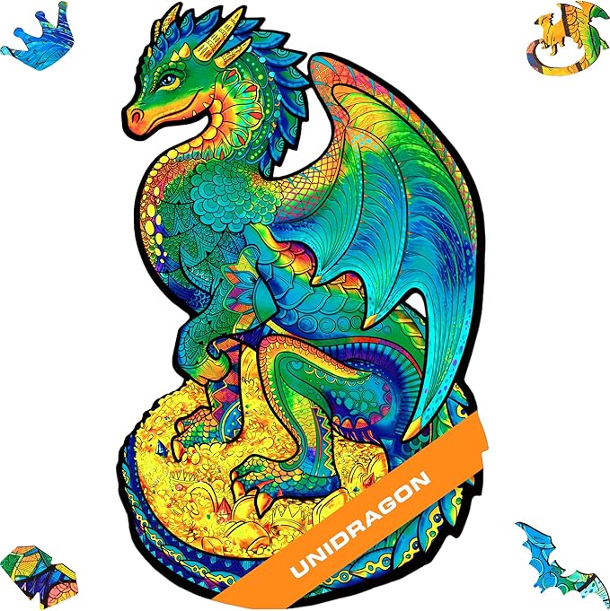 UNIDRAGON Wooden Puzzles for Adults Unique Jigsaw Puzzles - Small Guarding Dragon Small 6.2" х10.3 97 PCS Deko with Cut 0.03 mm Wood Accuracy Animal
