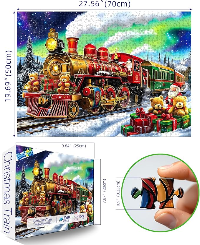 Blueforest Christmas Train Puzzles for Adults 1000 Pieces - 27.5x19.7 Inches Holiday Train Scene with Aurora & Santa Jigsaw Puzzle, Challenging Art Puzzle Home Decor
