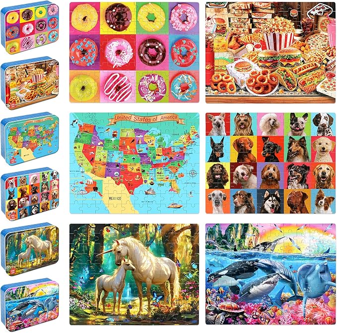 LELEMON Puzzles for Kids Ages 4-6,6 Pack 100 Piece Puzzles for Kids Ages 4-8 in a Metal Box,Educational Jigsaw Puzzles Puzzle Games Puzzle Toys for Girls and Boys
