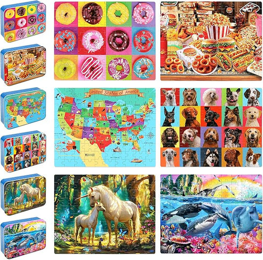 LELEMON Puzzles for Kids Ages 4-6,6 Pack 100 Piece Puzzles for Kids Ages 4-8 in a Metal Box,Educational Jigsaw Puzzles Puzzle Games Puzzle Toys for Girls and Boys