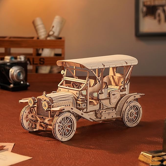 ROBOTIME MC801 Vintage Car 3D Puzzle, 3D Wooden Puzzle Retro Model Kit for Adults, Gift for Antique Car Lovers, Aesthetic Home Decor