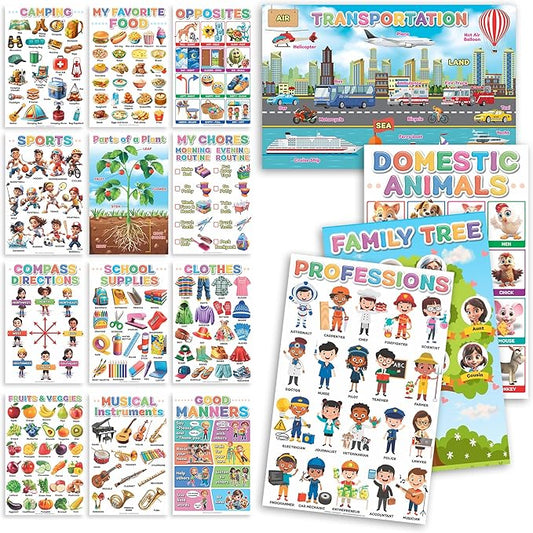 DeeDee's Workshop 16 Educational Posters vol. 2, Toddler Wall Decor, Daycare Essentials, Pre K Learning Materials (English vol. 2)
