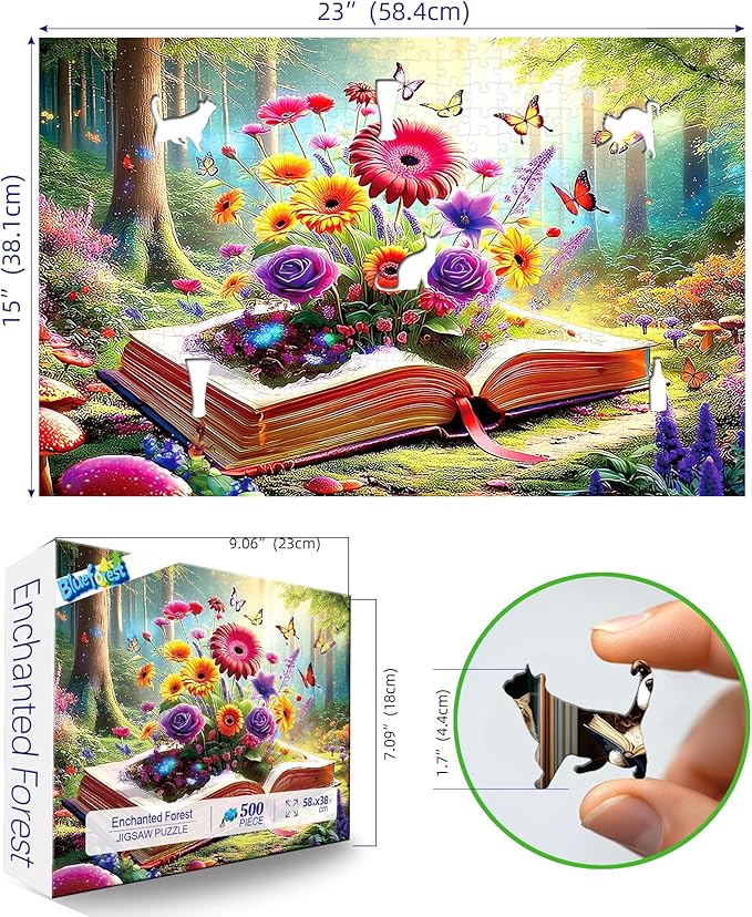 Blueforest 500 Piece Jigsaw Puzzle for Adults - Unique Shape Pieces | Magical Forest Book with Flowers & Butterflies | 23x15 Inches Challenging Fun Puzzle