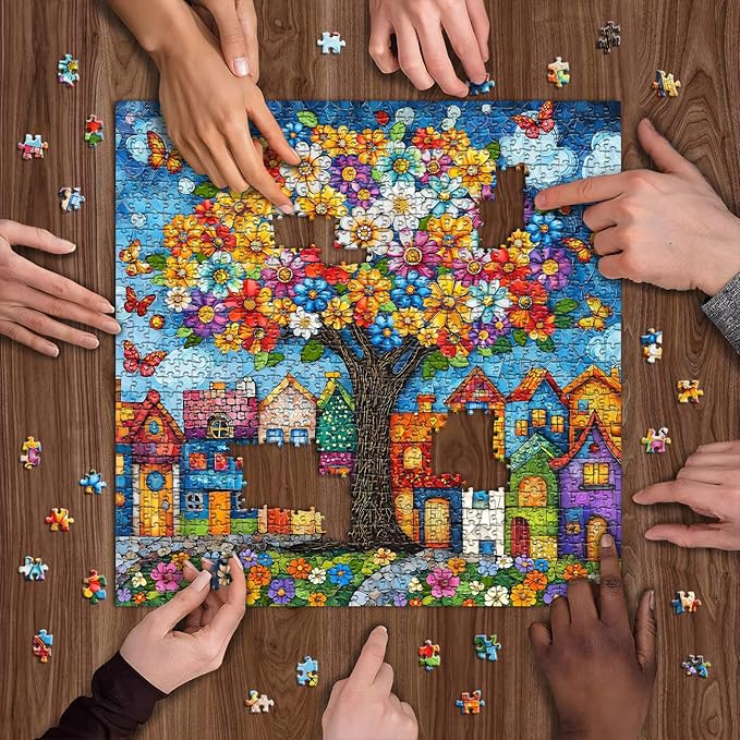 PICKFORU Stained Glass Tree of Life Puzzles for Adults 1000 Pieces, Colorful Village Puzzle with Houses Flowers Trees Butterfly, Nature Impossible Hard Challenge Jigsaw Puzzle