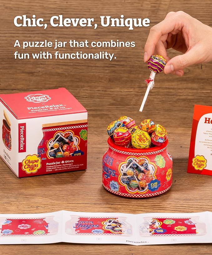 Chupa Chups X PieceRelax 3D Puzzle Jar 64 Plastic Pieces for Adults - Timeless Memories - Pop Energy S Wooden Lid Container for Kitchen Dining Study Living Room No Glue Requied Small [BC1023]