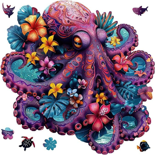 Octopus Wooden Puzzle for Adults, Ocean Jigsaw Puzzles 200 Piece, Unique Shapes Family Reunion Puzzle for Adults, Beautiful Package, Best Gift for Family Friends Medium 11.4x11.37in