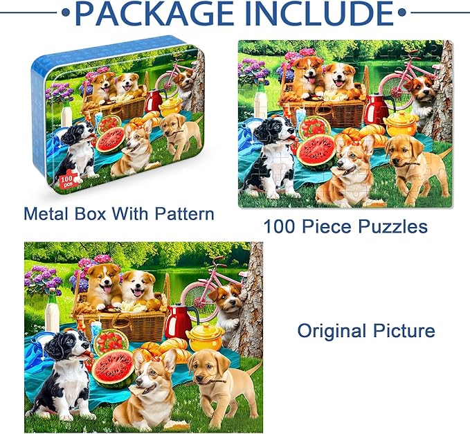 LELEMON Puzzles for Kids Ages 4-6,Dogs 100 Piece Puzzles for Kids Ages 4-8 in a Metal Box,Educational Jigsaw Puzzles 100 Piece Puzzle Games Puzzle Toys for Girls and Boys