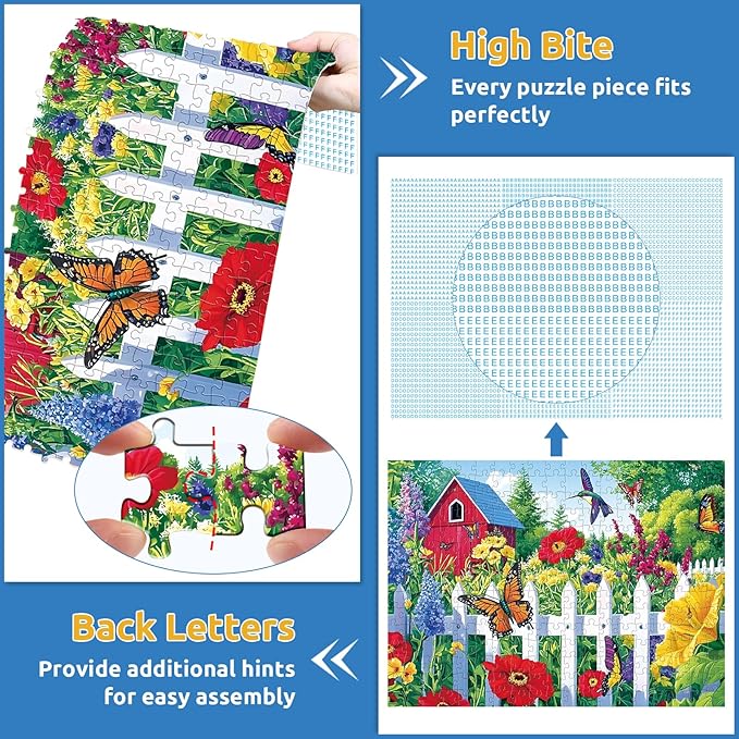 300 Piece Puzzle for Adults,Beautiful Garden Puzzles for Adults Kids Elderly,Large Piece Butterfly and Birds Puzzles for Kids Age 8-10 10-12,Challenging Flower Puzzle,Family Game Great Gift 20.5x15 in