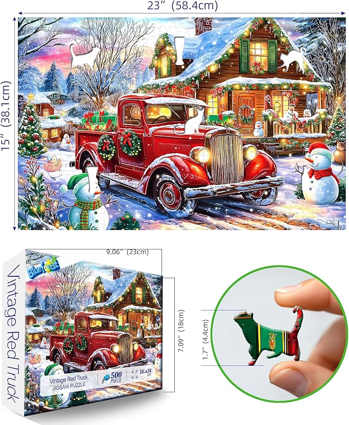 500 Piece Puzzles for Adults Christmas Winter Wonderland Village Cabin Scene with Vintage Truck Snowman & Cozy Cabin at Country Night Festive Jigsaw Puzzle Holiday Lights Festive Gifts for Family