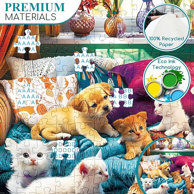 300 Piece Puzzles for Adults, Dogs Kittens on The Sofa at Play Puzzle for Adults Kids Seniors,Large Piece Puzzle for Kids Ages 8-10 10-12,Funny Sleepy Cats Puzzles Perfect for Game Nights,20.5x15 in