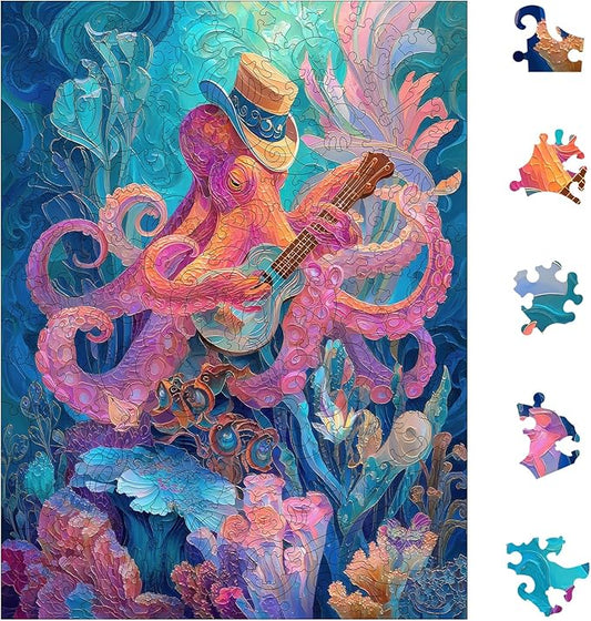 Wooden Puzzles for Adults, Octopus Guitar Jigsaw Puzzles, 200 Pieces Unique Design Adult Puzzles, Family Brain Game Gift, 9.4x12.5 inch