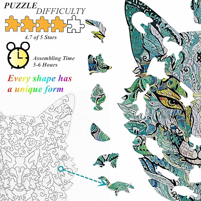 Wooden Jigsaw Puzzle for Adults,Unique Fox Wolf Animals Shaped Magic Jigsaw Puzzle Pieces Best Gift for Adults,Can be Used as a Cool Mouse Pad,132pcs,(12x8 inches) Large