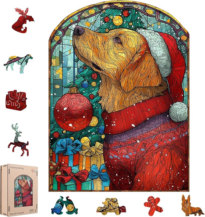 Christmas Jigsaw Puzzles for Adults - Dog with Santa Hat 202 Pcs Unique Shaped Holiday Wood Puzzle with Wooden Storage Box, Festive Family Game Night for Art Lovers 8.9x12 Inch