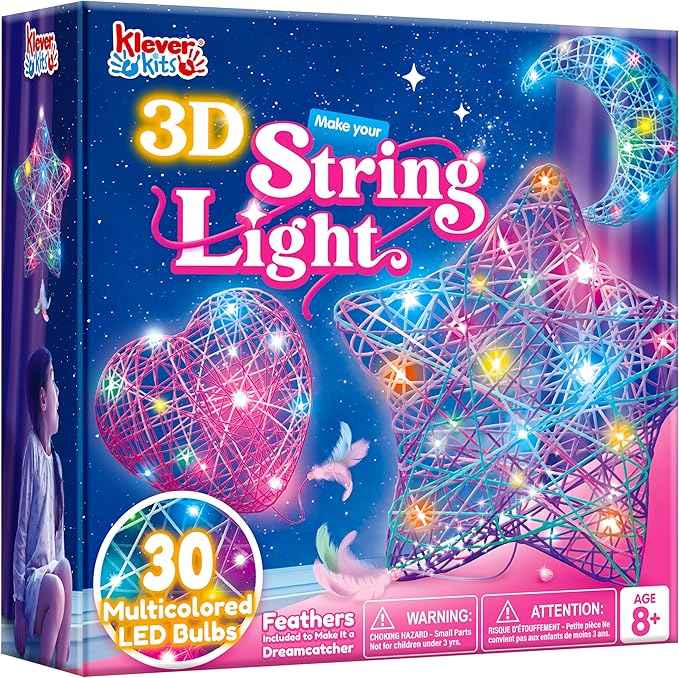 Klever Kits 3D String Art Kit for Kids, Light Up String Light Toy with 30 Multi-Colored LED Bulbs, Arts and Crafts Set, Birthday Gifts for Girls and Boys Ages 8+