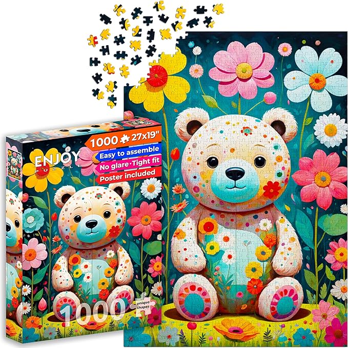 Teddy Bear in Flower Garden Illustration – 1000 Pieces Jigsaw Puzzle for Adults – Matte Finish, Soft Touch, Easy to Assemble, Tight Fit, Vivid Colors, Missing Pieces Service