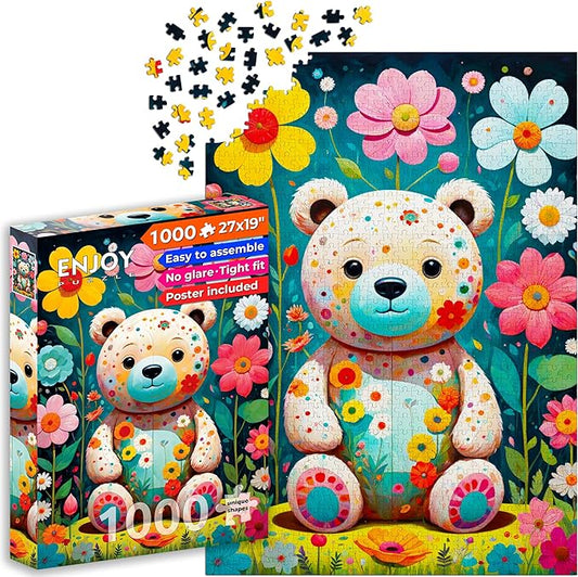 Teddy Bear in Flower Garden Illustration – 1000 Pieces Jigsaw Puzzle for Adults – Matte Finish, Soft Touch, Easy to Assemble, Tight Fit, Vivid Colors, Missing Pieces Service