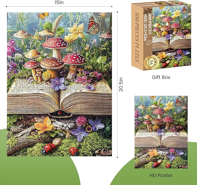 500 Piece Jigsaw Puzzles for Adults, Colorful Fantasy Mushroom Book Puzzles for Adults, Fun and Challenging Puzzle for Family Time, Relaxing Gift for Adults, Kids, Seniors, 20.5 x 15 in