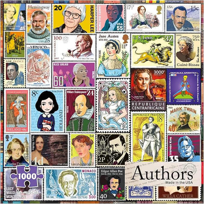 Re-marks Famous Authors Postage-Stamp Collage Puzzle, 1000 Piece Jigsaw Puzzle for All Ages