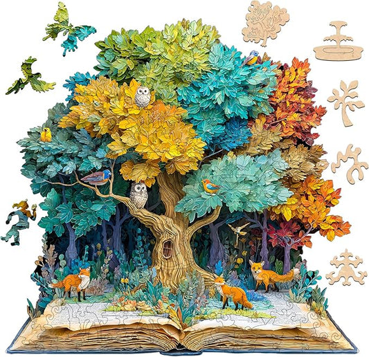 Wooden Puzzles for Adults, 195 Pieces Tree Book Wooden Jigsaw Puzzles, Unique Shaped Puzzle Gift for Adults and Kids on Birthday, Thanksgiving, Challenging Family Puzzle Games (11.4"*10.9")