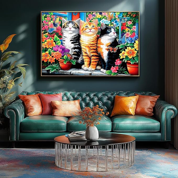 Blueforest Puzzles for Adults 500 Pieces - Cats in Garden with Vibrant Flowers & Butterflies 500 Piece Jigsaw Puzzles, 23x15 Inches Intermediate Challenge Puzzle