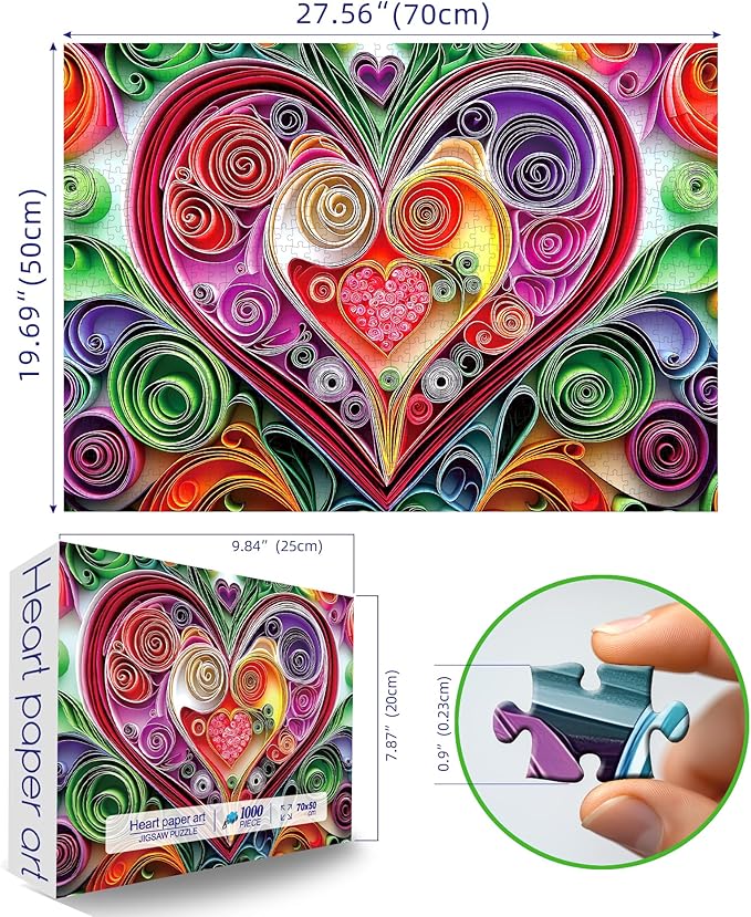 1000 Piece Colorful Heart Jigsaw Puzzle for Adults - Beautiful Cut Paper Heart Arrangement, 27.5" x 19.6", Multicolor, Perfect for Game Nights & Wall Art Display