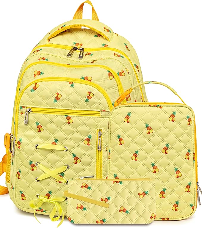 Vibrant Pineapple Print Backpack with Lunch Box and Pencil Case for Girls Teens Kids for Age 8-10 10-12 12-14 Kawaii Backpack for Elementary Middle High School Bookbag Mochila Para Niñas