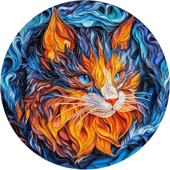 Wooden Puzzles for Adults - Flame Cat Wood Puzzles Adult - Unique Animal Shape Wooden Jigsaw Puzzles for Adults - Birthday Gifts for Puzzle Lovers, Family (11.4 * 11.3in)