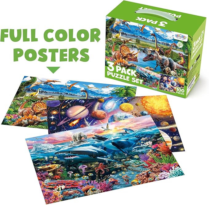 BenBen Puzzles for Kids Ages 4-6, 3 Pack 100 Pieces Large Puzzles for Toddlers 3-5 (Dinosaurs, Outer Space, Ocean Life), Learning & Educational Games for Kids 6-8, 19.75” x 13.75”