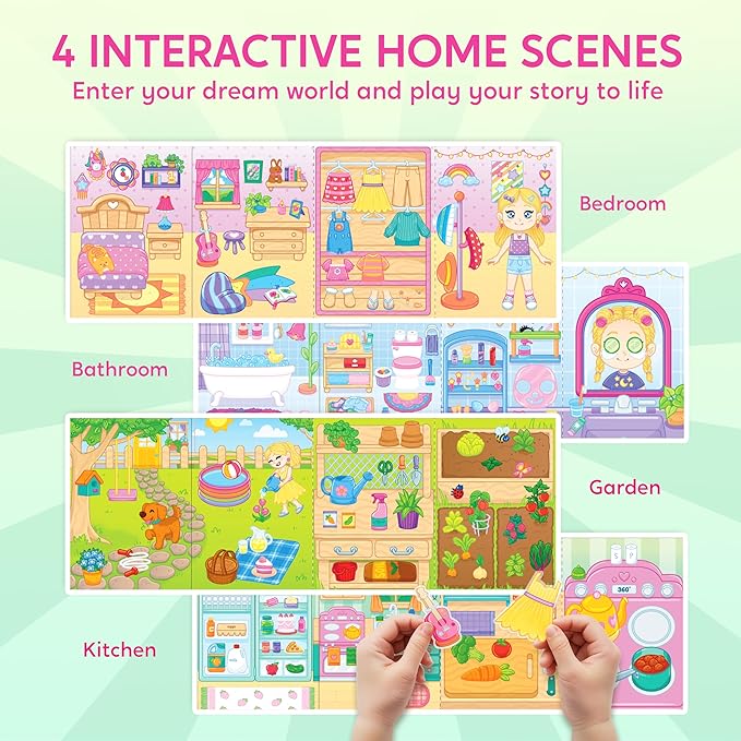 Klever Kits Reusable Sticker Book for Kids, My Dream Home 4 Play Scenes with 200+ Washable Stickers Plane Activity for Toddler Aged 3 4 5 6 7 8 Girls and Boys Birthday Gift