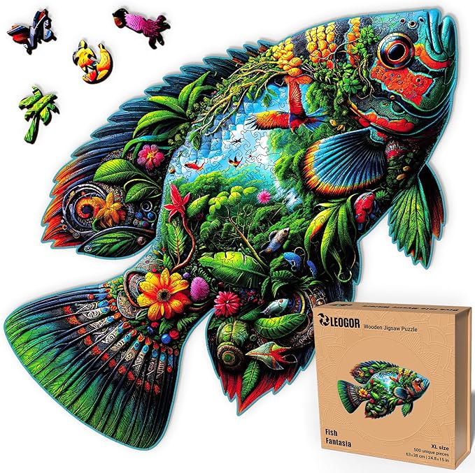 LEOGOR Wooden Jigsaw Puzzles for Adults 500 Pieces (24.8 x 15 in), Fish Shaped Puzzle, Large Sea Life Scene, Beautiful Animal Shapes, Extra-Thick 5mm Wood Puzzle Pieces, Unique Gift for Family Fun