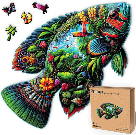 LEOGOR Wooden Jigsaw Puzzles for Adults 500 Pieces (24.8 x 15 in), Fish Shaped Puzzle, Large Sea Life Scene, Beautiful Animal Shapes, Extra-Thick 5mm Wood Puzzle Pieces, Unique Gift for Family Fun