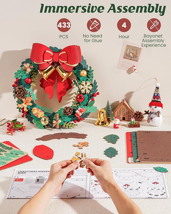 Rolife 3D Puzzles for Adults Christmas Wreaths for Front Door, Artificial Eucalyptus Wreath for All Seasons, Indoor and Outdoor Wreath with Red Bow&Golden Bell, LED for Christmas Decor (16in, 252pcs)
