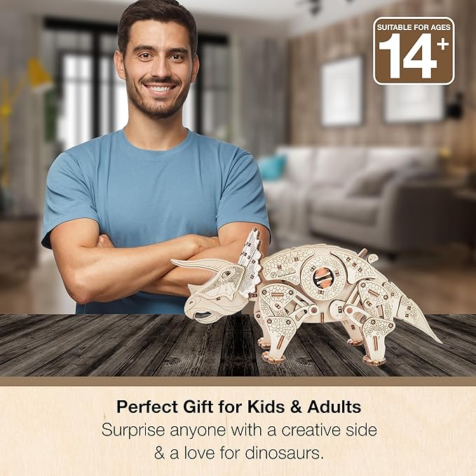 3D Wooden Puzzle - Triceratops 3D Puzzle with Wind Up Rubber Band Mechanism, Moving Legs, Head & Tail - 3D Wooden Puzzles for 15 yrs Above & Adults - Model Building Kits by Eco Wood Art, 283 Pieces