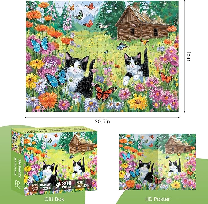 300 Piece Puzzles for Adults, Cats and Butterflies in the Meadow Jigsaw Puzzle, Vibrant and Relaxing 300 piece puzzle, Perfect for Family Time, Wall Decor, Gift for Adults, Kids, Seniors, 20.5 x 15 in
