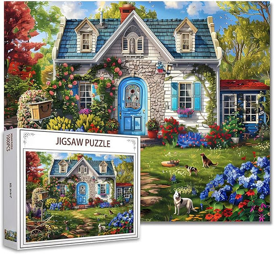 Beautiful Cabin Jigsaw Puzzle，Blue Door Charming House Scenery 1000 Pieces Jigsaw Puzzles for Adults，27 x 20 Inches Puzzles ，HD Quality Warm Wall Puzzle Gift，Family Activity Perfect for Game Night